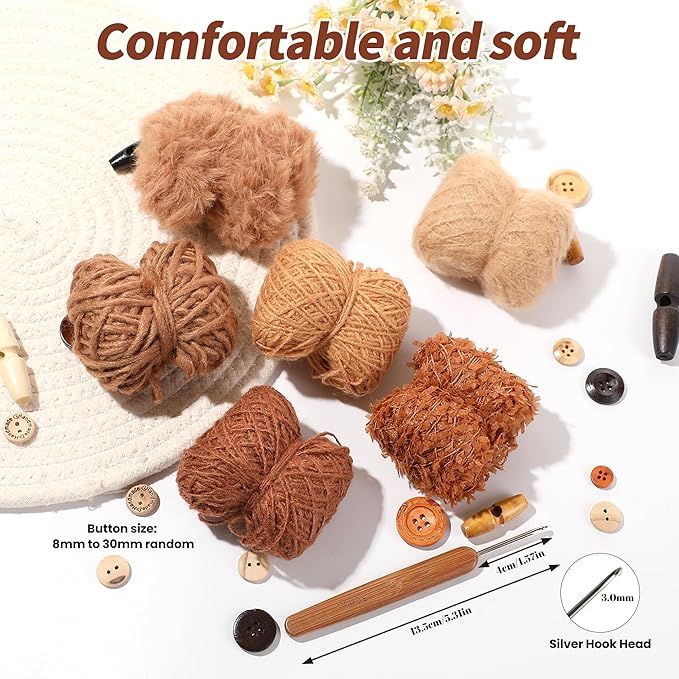 Hand Spun Art Yarn Kit - 6 Skeins 525 -Yard Vintage Style Blended Fibers with Wood Buttons & Crochet Hook for Knitting, Crochet, Textile Decorative, Tassels, Jewelry Making, Fiber Crafts (Coffee)