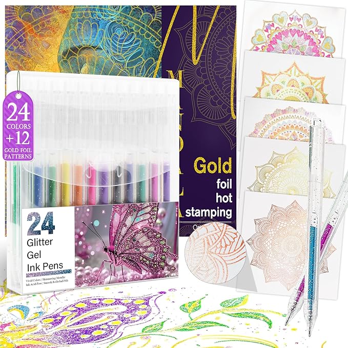 Mandala Adult Coloring Book for Women Relaxation, Gold Foil Mandala Coloring Book Set with 24 Colors Retractable Glitter Gel Pens, 12Pcs Premium Single-Sided Paper Mindfulness Gift Include Gift Bag