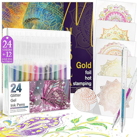 Mandala Adult Coloring Book for Women Relaxation, Gold Foil Mandala Coloring Book Set with 24 Colors Retractable Glitter Gel Pens, 12Pcs Premium Single-Sided Paper Mindfulness Gift Include Gift Bag