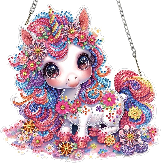 Lxmsja DIY Cute Unicorn Diamond Painting Hanging Ornament, Double-Sided Acrylic Colorful Flowers Diamond Art Kit, Special Shaped Suncatcher Hanging Pendant Window Art Kit