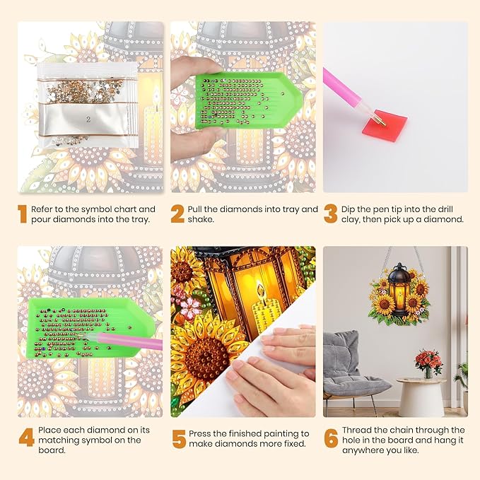 MXJSUA Lantern Sunflowers Special Shaped Hanging Diamond Painting Art Kits for Adults, Crystal Rhinestone Acrylic Gem Art Pendant Ornaments Kit for Home Decoration and Gift