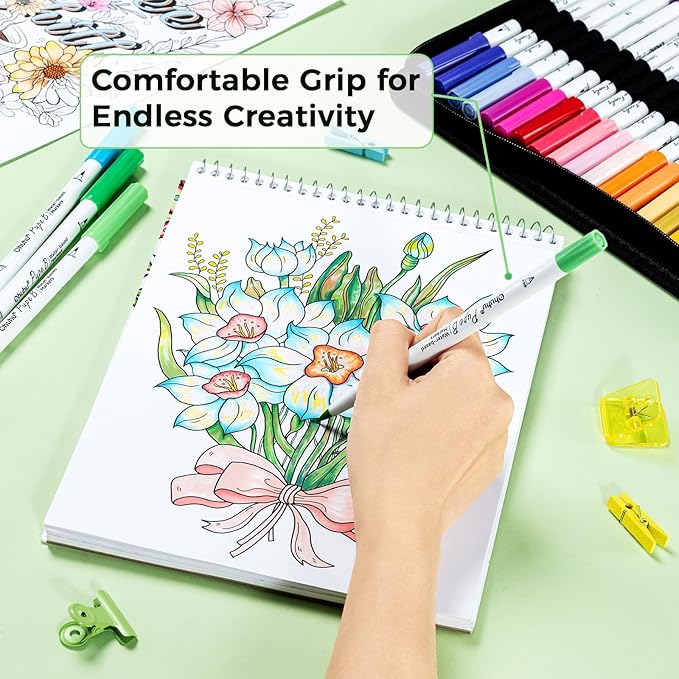 Ohuhu Adult Coloring Book 30 Patterns with 40 Colors Paper-Friendly Markers 230gsm Spiral Bound Coloring Book for Adults Relaxation Water-Based Markers for Adult Coloring Books No Bleeding - Pupe B