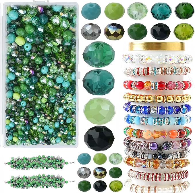 1000 Pcs Rondelle Faceted Glass Beads Crystal Glass Beads for Jewelry Making 4/6/8mm Faceted Briolette Rondelle Bead with Container for Earrings,Necklaces,DIY Beading Projects (Green)