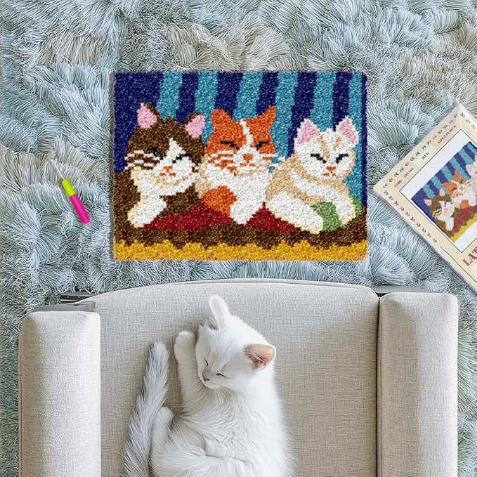 ORIGACH Cat Latch Hook Rug Kit for Adults DIY Needlework Cover Printed Rug Making Kit Handmade Carpet Tapestry Cushion with Hook Latch and Preprinted Canvas, Home Arts Crafts Sofa Decor, 20.5x15inch