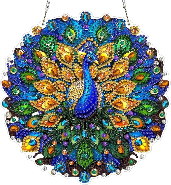 Lxmsja DIY Stained Glass Peacock Diamond Painting Hanging Ornament, Double-Sided Acrylic Jewels and Pearls Diamond Art Kit, Special Shaped Suncatcher Hanging Pendant Window Art Kit