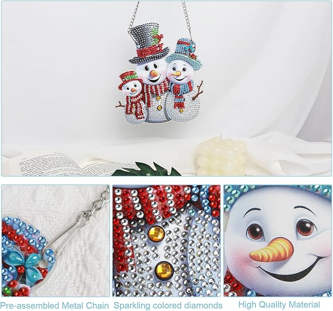 AiYuanzsh Christmas 5D Diamond Painting Ornament, Christmas Snowman Diamond Art Kits Hanging Pendant with Chain for Christmas Home Wall Window Decor, Adults DIY Art Craft