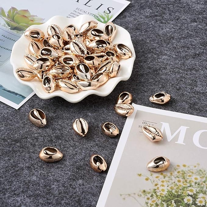 Cheriswelry 100pcs Sea Shell Electroplated Beads Undrilled Spiral Cowrie Shell Oval Beads Coral Ocean Summer Beach Loose Spacer Beads 17~21mm for DIY Bracelet Necklace Jewelry Making
