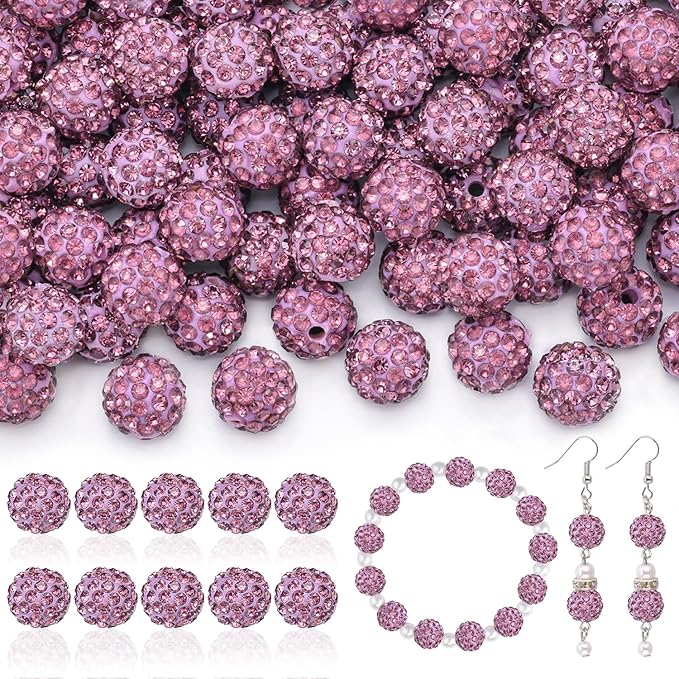 105pcs 10mm rhinestone beads for jewelry making, light purple shiny round disco beads bulk, sparkle crystal clay christmas for bracelet baseball necklace earring crafting and diy