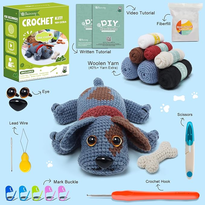 Faircosy Animal Crochet Kit for Beginners Adults: Learn to Crochet Starter Kits with Detailed Video Tutorials - DIY Crochet Cute Dog Kit for Women Men