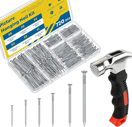 Vibit 720 Pcs Nail Assortment Kit with Small Hammer, 6 Sizes, Picture Hanging Nails for Wall Art, Small Nails for Hanging Pictures, Drywall Wood Hardware Nails Finishing Nails Wall Nails for Hanging