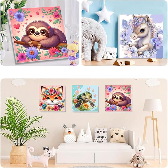 4 Pack Animal Paint by Number for Kids with Wooden Frame, Paint by Numbers for Kids Animals Ages 4-8-12, Easy Sloth Fox Sea Turtle Horse DIY Acrylic Oil Painting Kits for Home Wall Decor (8X8 inch)