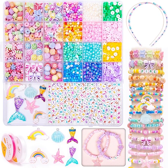 miuco bracelet making kit for kids girls - cute beads for jewelry making kit with charms - arts and crafts for make necklaces - birthday gifts for girls ages 5 6 7 8 9 10 (kids' jewelry making kits)