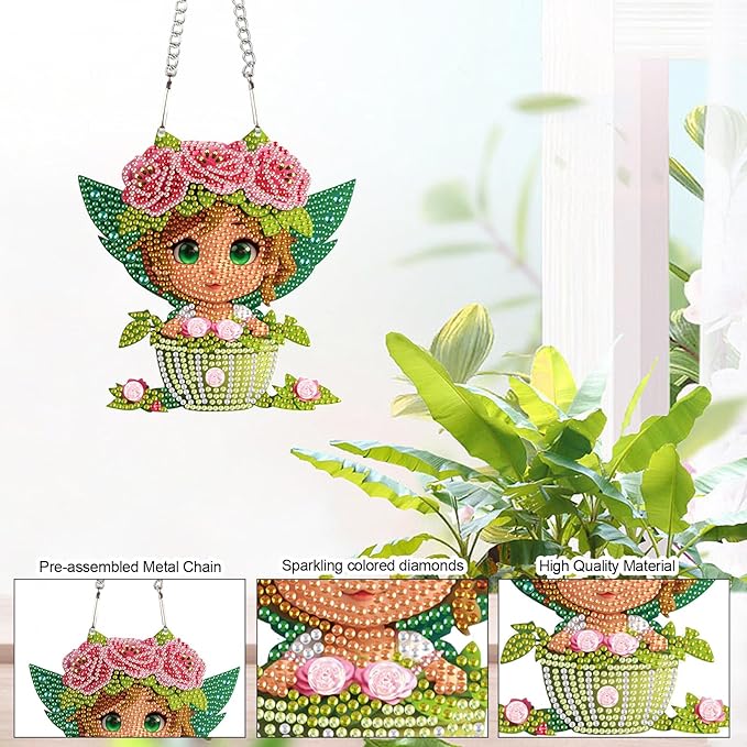AiYuanzsh DIY Girl in Teacup Diamond Art Hanging Kit, Acrylic Crystal Stained Glass Diamond Painting Pendant with Chain for Home Wall Decor Ornament Gift for Adults