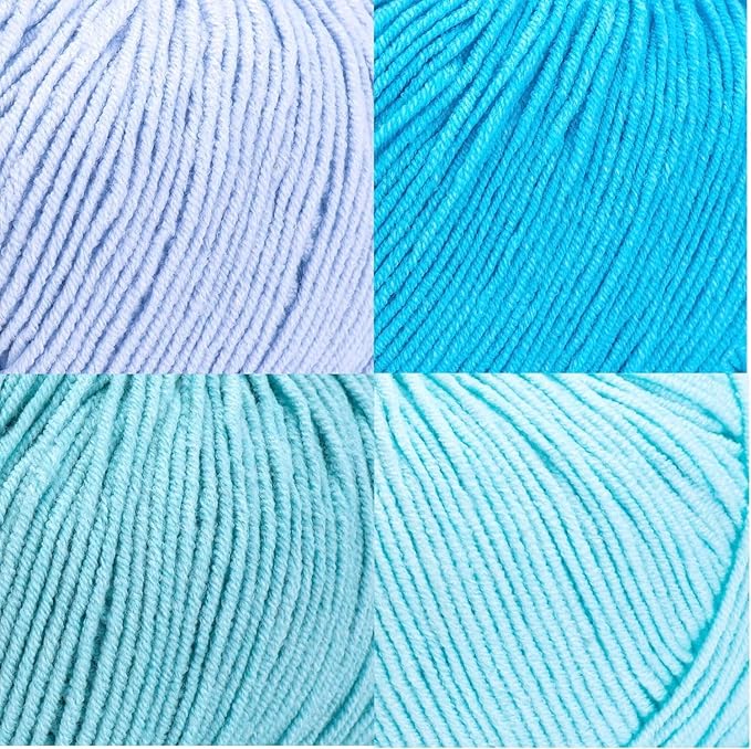 Cotton Yarn Kit - 4 Multicolor Balls Soft Sport Weight Yarn for Crochet & Amigurumi - 50g / 175yds Each & 10 Stitch Markers (H20 - Baby Blue)