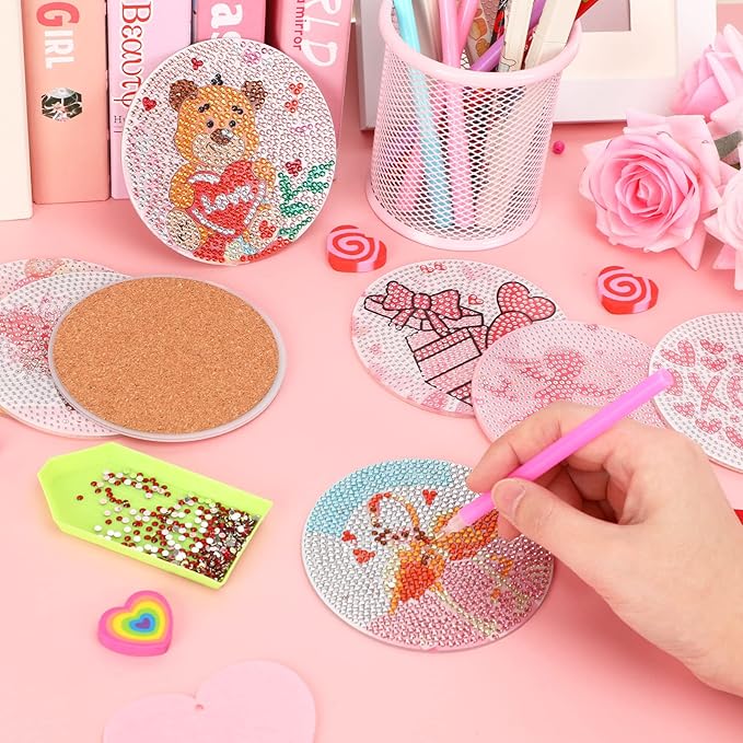 UPINS 8Pcs Valentine's Day Diamond Art Painting Coasters for Drinks DIY Life Coaster Diamond Art Kits for Adults Kids Beginners Diamond Art Craft Supplies