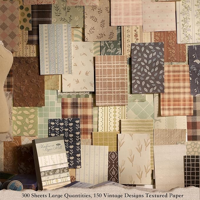 300Pcs Textured Scrapbook Paper Kit - Vintage 6 Pack Decoupage Paper Mixed Media for Scrapbooking Supplies Junk Journaling Cards Making Collage Floral Decorative Materials Craft Gifts 4.13x2.64 Inch