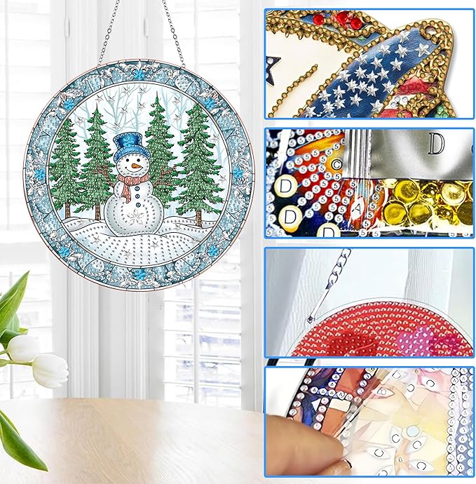 Reofrey Hanging Diamond Art Kits for Adults - 8x8 Inch Christmas Snowman Acrylic Board Double Sided Pattern Crystal Small Diamond Art Suncatcher Pendant, for Home Wall Window Decoration Handmade Gift
