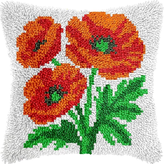 veirousa Poppy Flower Latch Hook Kits for Adults Beginners - Latch Hook Pillow Kit Pre-Printed Mesh Latch Hook Rug Kits Craft Cushion Set for Home Sofa Decoration 17x17 in. DIY Gift