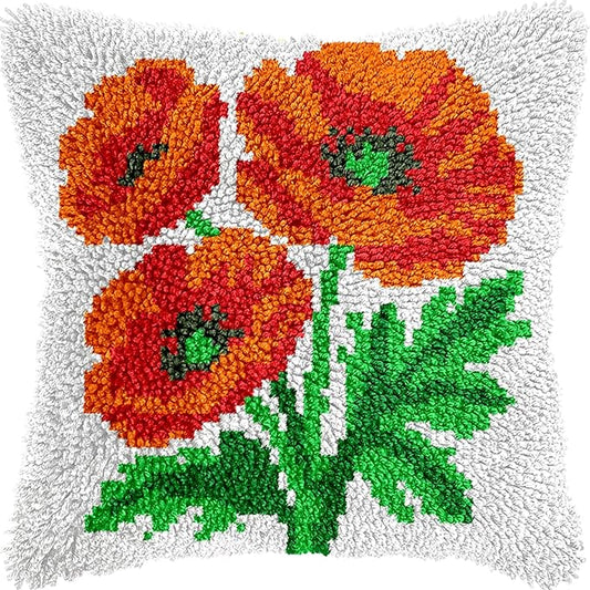 veirousa Poppy Flower Latch Hook Kits for Adults Beginners - Latch Hook Pillow Kit Pre-Printed Mesh Latch Hook Rug Kits Craft Cushion Set for Home Sofa Decoration 17x17 in. DIY Gift