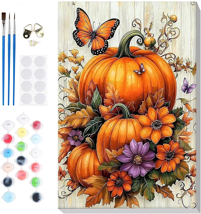 Bowetile Halloween Framed Paint by Numbers for Adults Beginners, Easy Adults' Paint-by-Number Pumpkin Kits on Canvas, Acrylic Fall Number Painting Crafts Kits Halloween Gifts for Home Decor, 8x12in