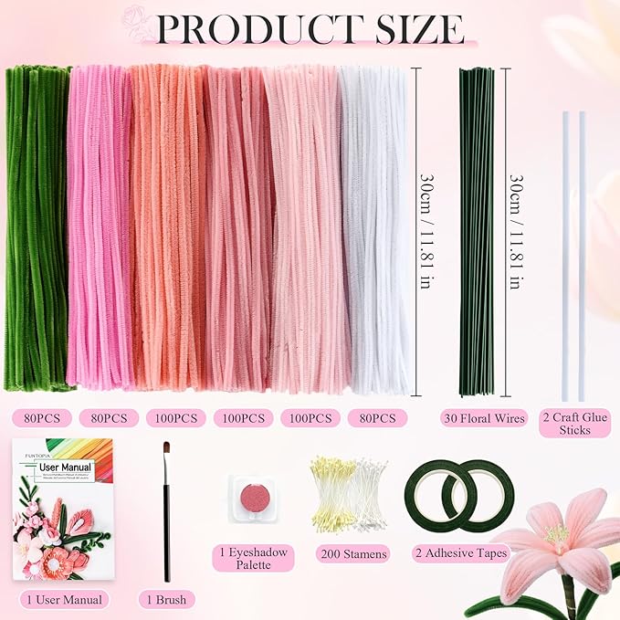 540Pcs Pipe Cleaners Craft, 6 Colors Pipe Cleaners Bulk with 15 Designs Guiding Book, Flower Making Kit with Chenille Stems, Floral Wires & Tape, DIY Bouquets and Party Decorations, (Pink, 12in x 7mm)