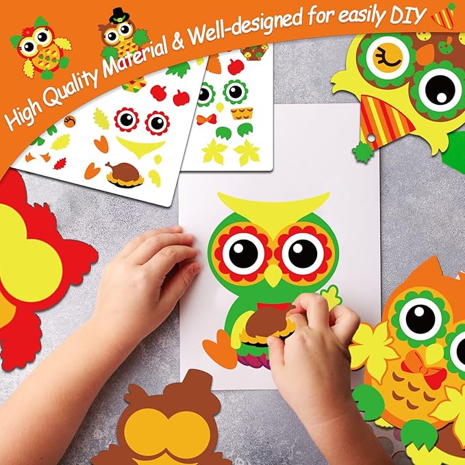 chiazllta 30 Packs Fall Craft Thanksgiving Owl DIY Art Craft with Fall Autumn Leaves Pumpkins Stickers Make Your Own Owl Set for Home Game Activities