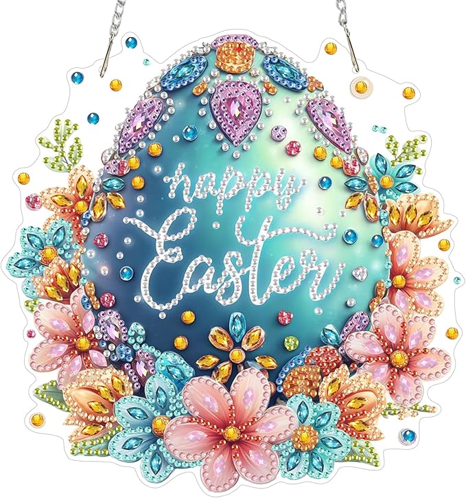 MOGTAA Easter Egg Diamond Art Hanging Kits for Adults Beginners, Flowers Diamond Art Suncatchers, 5D Special Shape Diamond Painting Window Pendant Kit for Home Garden Wall Decor