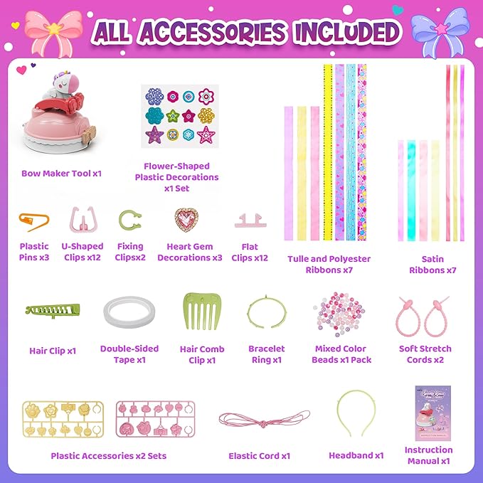 Kiditos Sparkling Ribbon Bow Creator Kit for Girls – DIY Headband & Jewelry Making Set, Arts and Crafts Toys for Kids Ages 5+, Make Your Own Hair Bows, Creative Gift for Girls