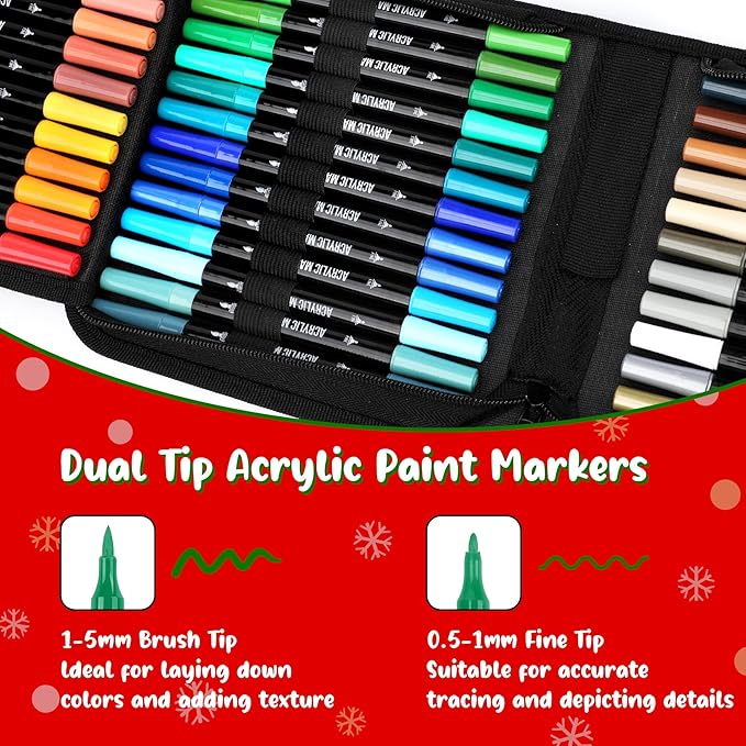 pagather 48 colors acrylic paint markers, dual tip with fine tip and brush tip pens for stone, wood, calligraphy, canvas, ceramic, metal, glass, rock painting, diy crafts art supplies kit