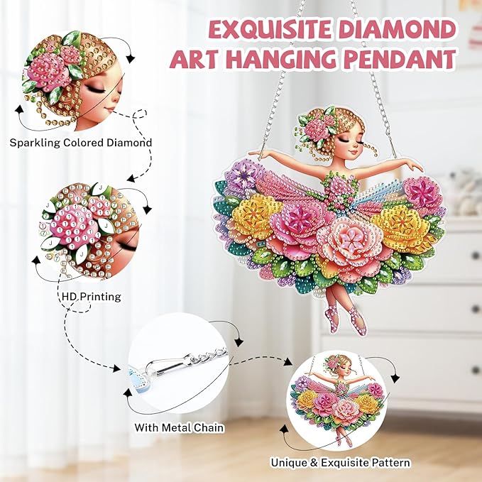 Bowetile Ballet Girl Diamond Art Hanging Kits for Adults, Diamond Art Suncatchers Dream Dancer, 5D Special Shape Diamond Painting Pendant Window Ornament Gifts for Home Wall Door Garden Decor