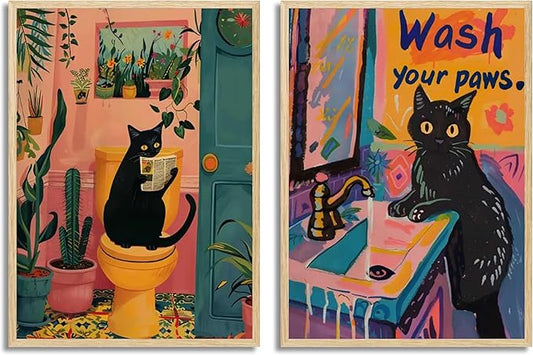 2Pcs Paint by Number Kit 16x20inch Adorable Black Cat Bathroom Scenes Set, DIY Painting for Adults Kids, Ideal Home Decor and Relaxing Art Activity