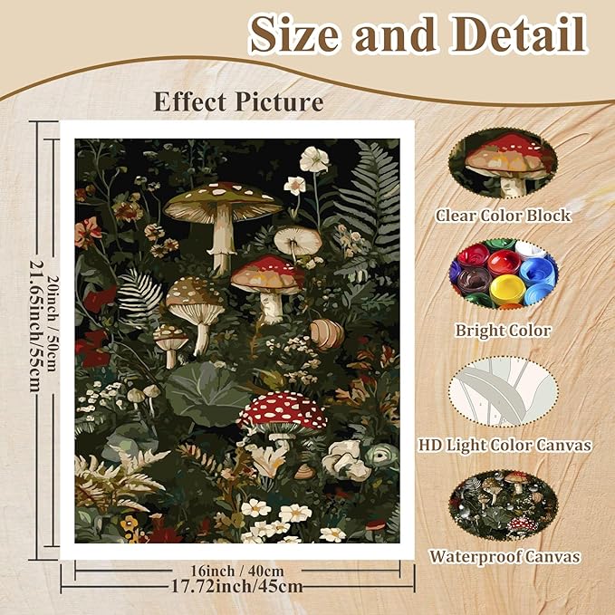HMZephitiquc Mushroom Paint by Number, Mushroom Paint by Numbers Kit for Adults Beginner, Painting by Numbers, Easy Acrylic Oil DIY Crafts for Gift Home Decor 16x20 in