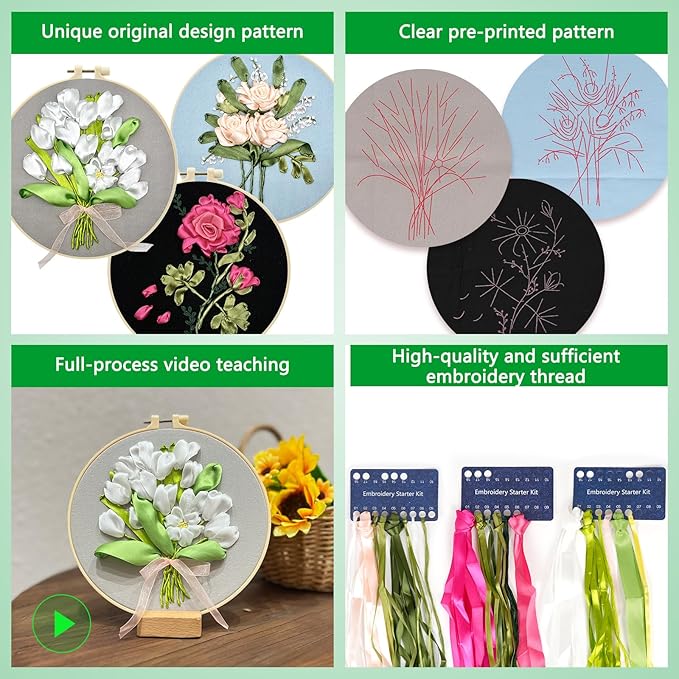 Enkor Ribbon Embroidery Kit for Adults Beginners