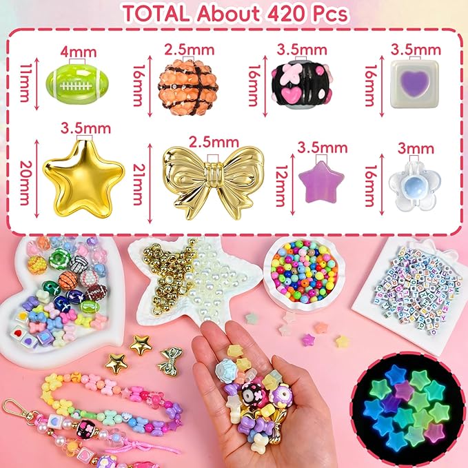 VvLons Bead Keychain Making Kit, Beaded Bag Charm Kit with Glow in The Dark Stars Beads, Colorful Hearts Flowers Bow Letter Alphabet Pony Beads, Football Keyrings Great for Gift or Party DIY Crafts