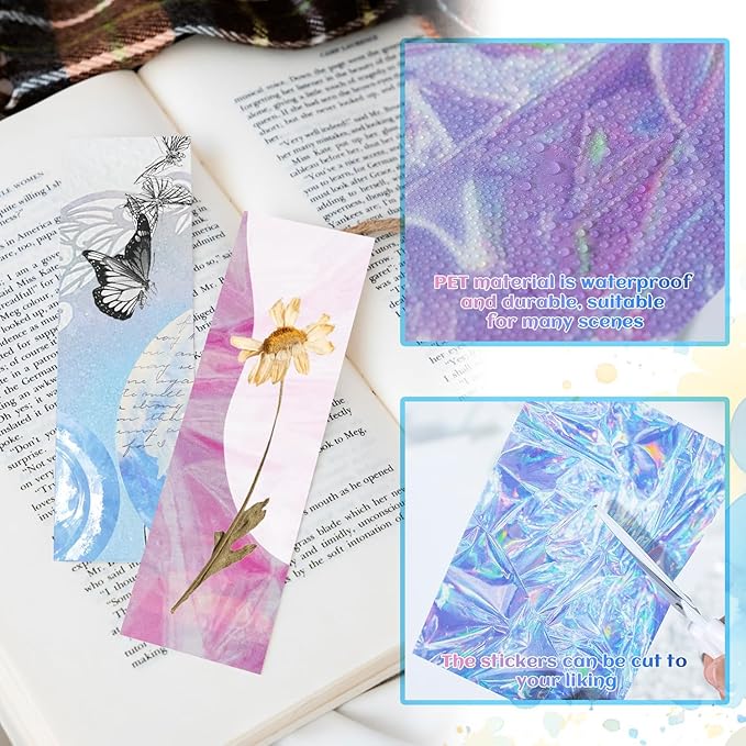 56PCS Holographic Sticker Paper Transparent Waterproof Self Adhesive Film PET Glitter Paper Scrapbooking Stickers for Junk Journal Supplies Card Making Album Collage Planner Gift Wrapping Decor