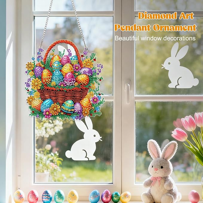 RICUVED Easter Diamond Art Hanging Kit for Adult, Special Shaped Diamond Painting Pendant Board Kit, Eggs Art Suncatchers Double Sided Hanging Acrylic Window Ornament for Home Garden Decor