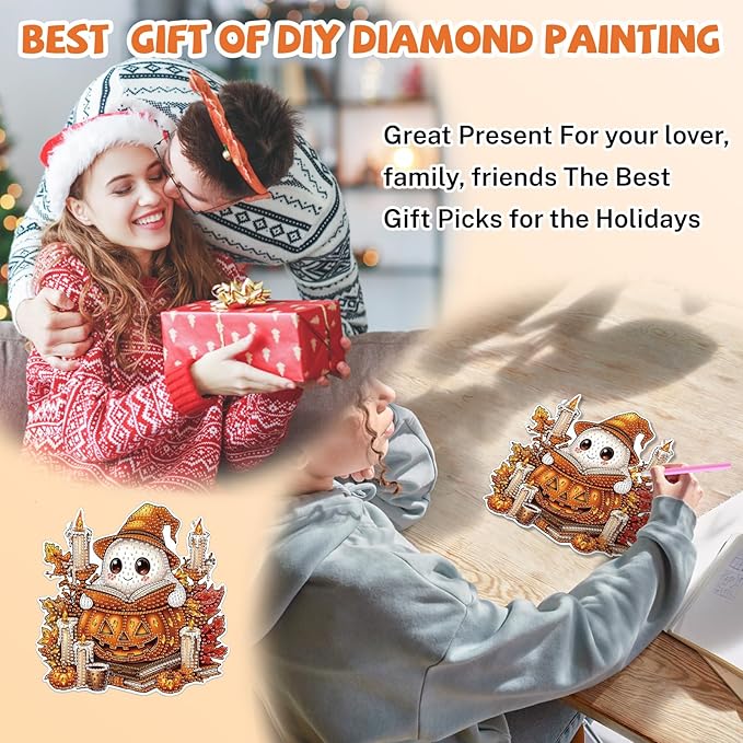 Bowetile Halloween Diamond Art Hanging Kits for Adults, Ghost Diamond Art Suncatchers, 5D Special Shape Diamond Painting Pendant Window Ornament Halloween Gifts for Home Door Wall Decor