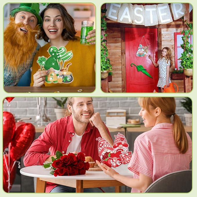 Chitidr 6 Pcs Diamond Painting Seasonal Gnomes Set Diamond Art Gnome Hanging Signs 5D DIY Crystal Gnome Paint Arts Ornaments for Valentines St. Patrick's Day Easter Holiday Decor