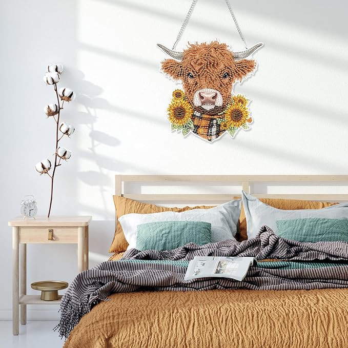 HEIBAGO Highland Cow Hanging Diamond Art Kits for Adults, Special Shaped Crystal Diamond Painting Ornament Kit, DIY Double-Sided Pattern Window Pendant Gem Art Kit for Home Wall Decor 8.3x8.3inch