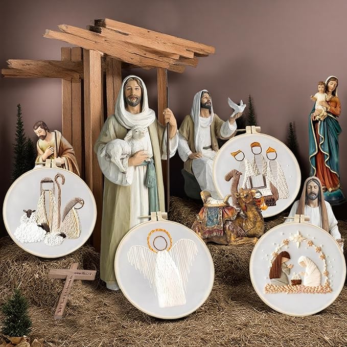 LGLRTD Nativity Embroidery Kits, 4 Sets Christmas Embroidery Kits for Beginners, Cross Stitch Kits for Adults with 4 Hoops, 4 Pattern, 12 Needles, Threads, Tools, DIY Needlepoint Craft Kit (Nativity)