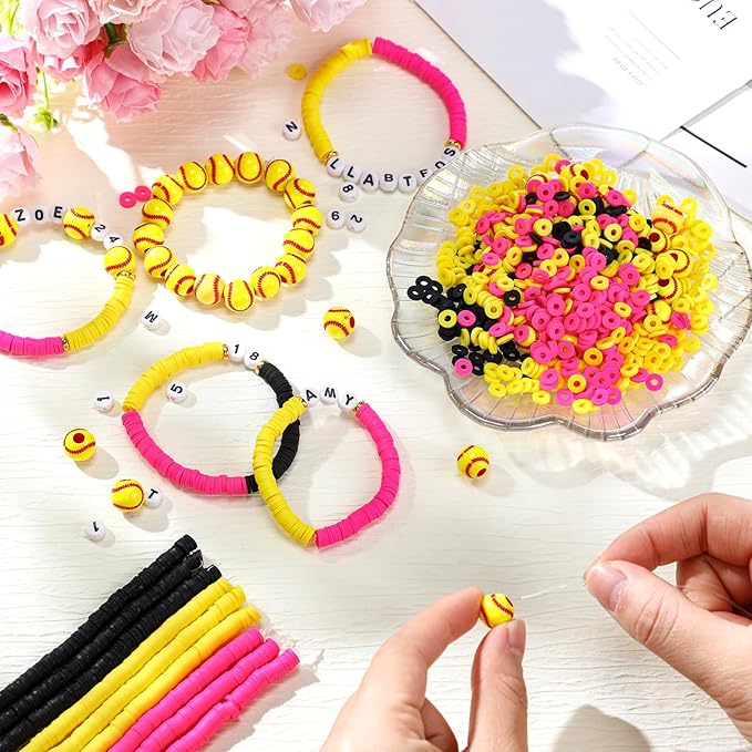 Ferreve 4200 Pcs Softball 12 Strands Clay Beads Bracelet Making Kit, 100 Letter and Number Beads, 120 Softball Acrylic with Gold Spacer, Charm Bracelet Kit for Sport Party