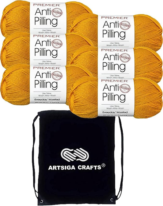 Premier Yarns Everyday Anti-Pilling Solid Mustard DN100-28 (6-Skeins - Same Dye Lot) #4 Worsted Weight Acrylic Yarn for Crocheting and Knitting with Project Bag