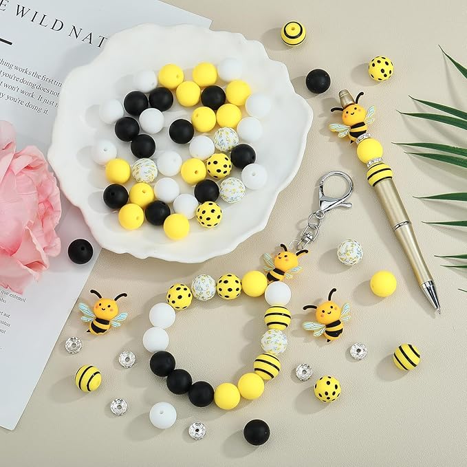 45 Pcs 15mm Silicone Beads 3D Animal Focal Beads for Pens Printed Silicone Beads Bulk for Keychain Bracelets Making and Other Handmade Crafts（Bee