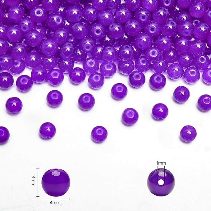 400PCs 4mm Deep Purple Jade Glass Beads Bulk, Round Smooth Hole Glass Crystal Beads for Jewelry Making, DIY Bracelets, Necklaces, Bag Charms, Keychains and Craft Projects