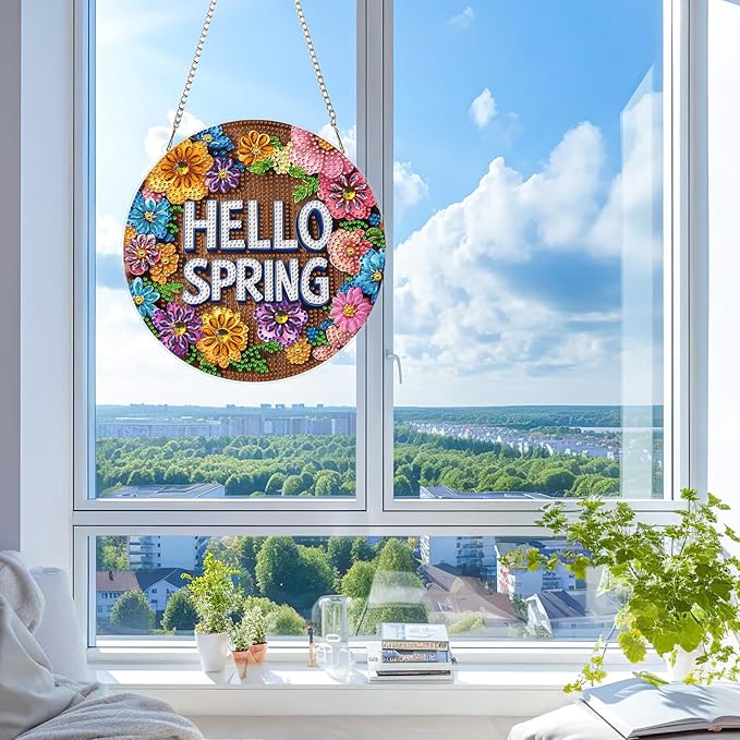KEYIFA Spring Diamond Painting Kit, DIY Flowers Diamond Art for Adults, Diamonds Pendant Special Shaped Rhinestone Window Hanging Ornaments Home Garden Wall Door Decoration, 20cm Width
