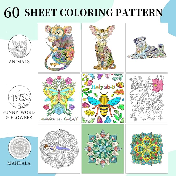 60 Patterns Adult Coloring Book for Stress Relief - Easy to Complex Mandalas Animals Flowers and Funny Words- Travel Size 8 * 7 Inches - Relaxation Gift for Women Men Teens and Seniors