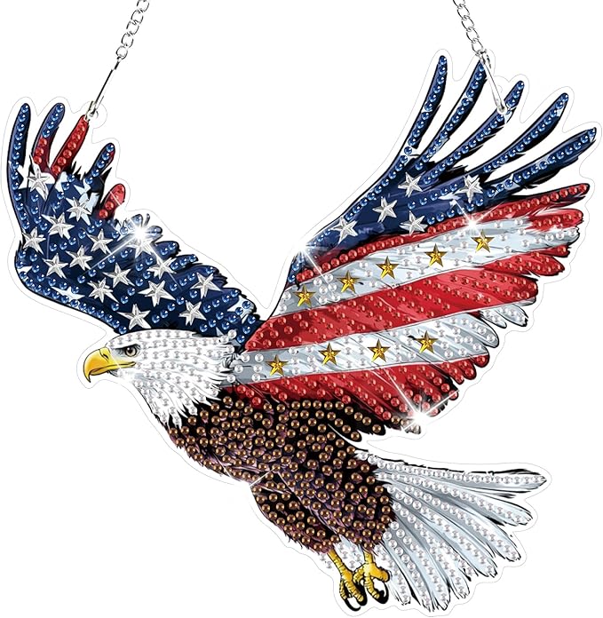 HEIBAGO Independence Day Bald Eagle Hanging Diamond Art Kits for Adults, 4th of July Special Shaped Crystal Diamond Painting Kit, DIY Double-Sided Pattern Gem Art Kit for Home Wall Decor 8.3x8.3inch
