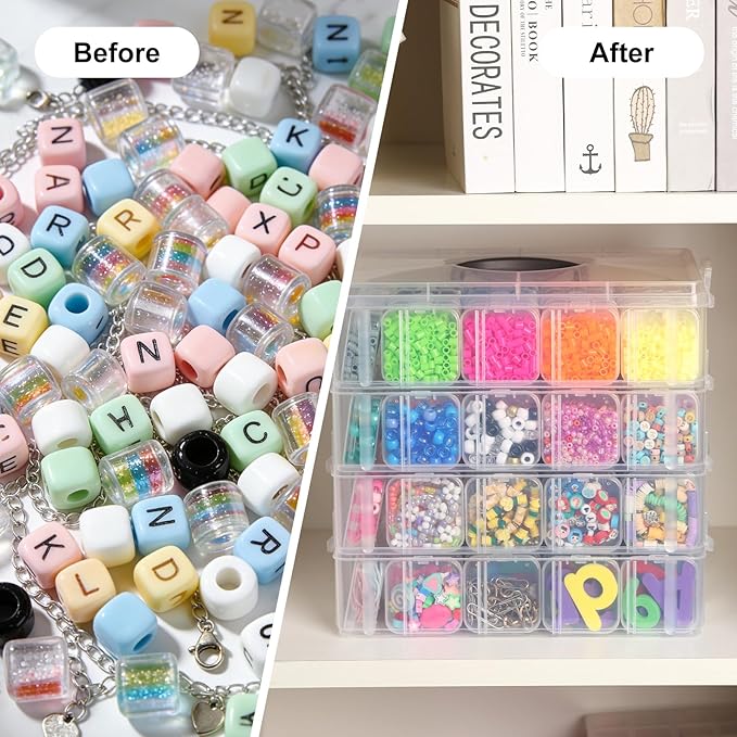 SGHUO Bead Organizer Box, 112pcs Small Organizers, 4-Tier Stackable Storage Container Box for Art Craft Storage, Washi Tape, Kids Toys, Jewelry, Beauty & Sewing Supplies