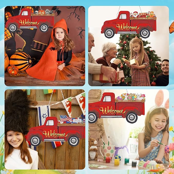 APCGSM 13PCS Interchangeable Diamond Painting Welcome Sign for Front Door Holiday Decor Red Truck Hanging Sign DIY Diamond Art Kits for Adults Interchangeable Seasonal Decor for Home Wall Farmhouse