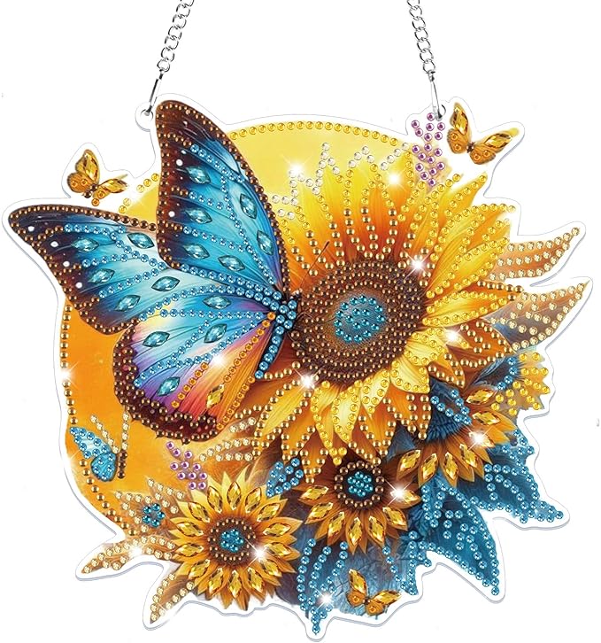 Bowetile Hanging Diamond Art Butterfly Kits for Adults, 5D Special Shape Diamond Painting Sunflower Kits, Diamond Gem Art Suncatchers Painting Pendant Ornament for Home Garden Wall Decor
